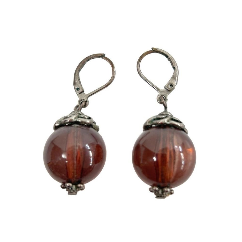 Silvertone and Acrylic Brown Bead 1.5" Drop Dangle Earrings‎ Leverback Pierced